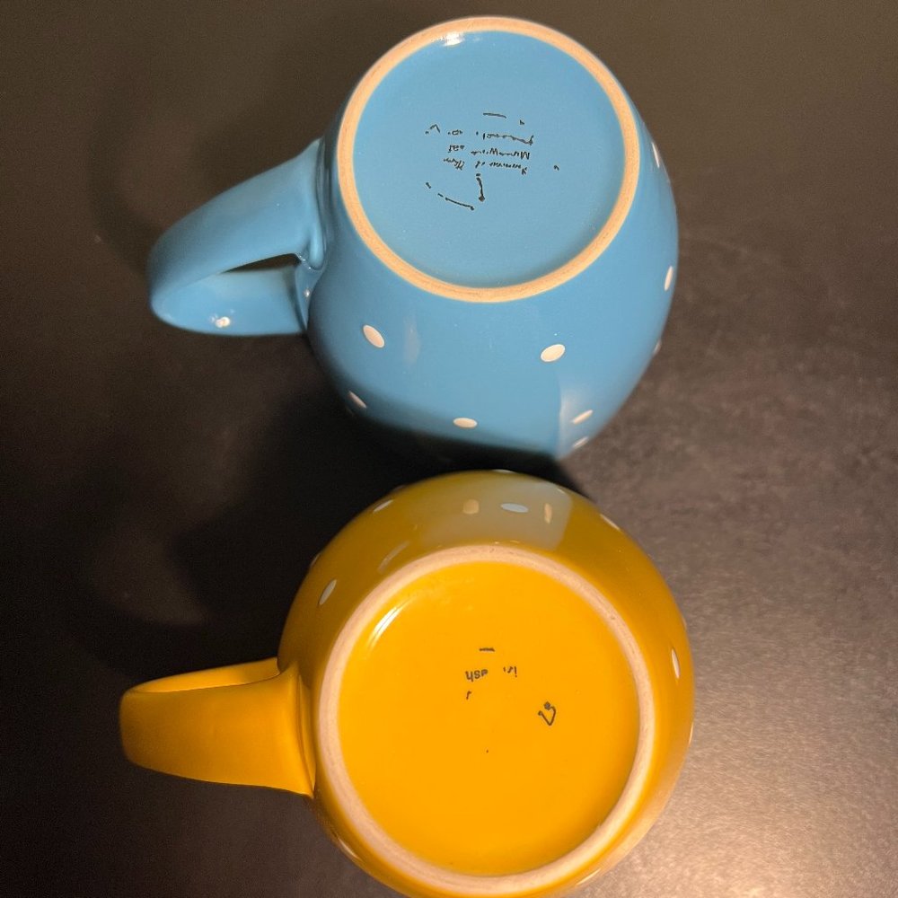 Set of 2 Blue Yellow Embossed White Polka Dot Ceramic Coffee Tea Cups Mugs - Picture 6 of 6